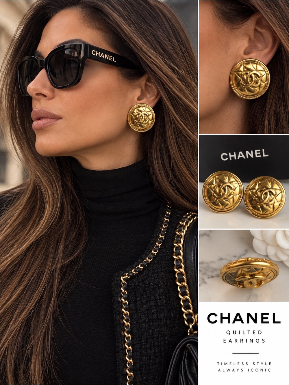 CHANEL Gold Quilted CC Button Earrings